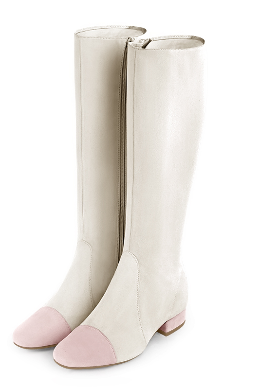 Powder pink and off white women's feminine knee-high boots. Round toe. Flat block heels. Made to measure. Front view - Florence KOOIJMAN